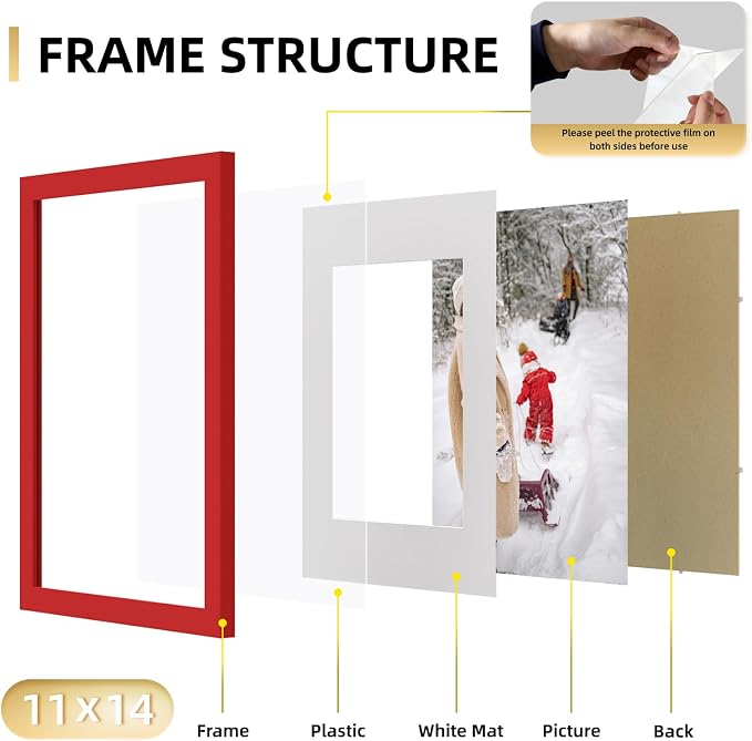 YESKAY 11x14 Picture Frame Set of 9, Photo Gallery Wall Frame Set, Display Pictures 8x10 with Mat or 11 x 14 Without Mat, Multi Photo Frames for Wall Mounting or Table Top Display, Red