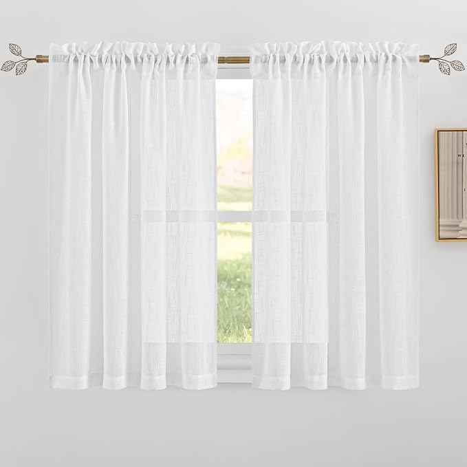 RYB HOME White Semi Sheer Curtains for Small Window 45 inches Long | Light Filtering Privacy, Boho Country Rustic, Kitchen Cafe Bathroom RV Camper, Rod Pocket, White, W52 x L45, Set of 2