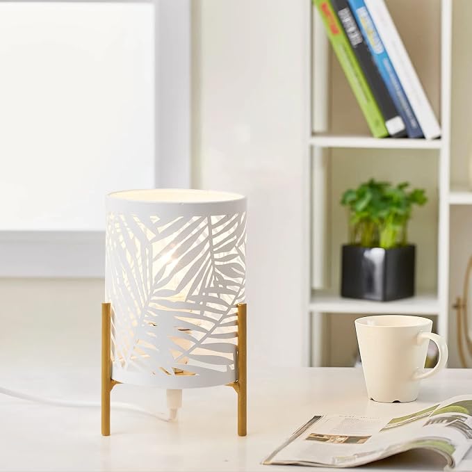 Decorative Table Lamp, Golden Tripod Stand with White Metal Hollowed Lampshade, Night Light for Bedside, E12 40W, No Bulb