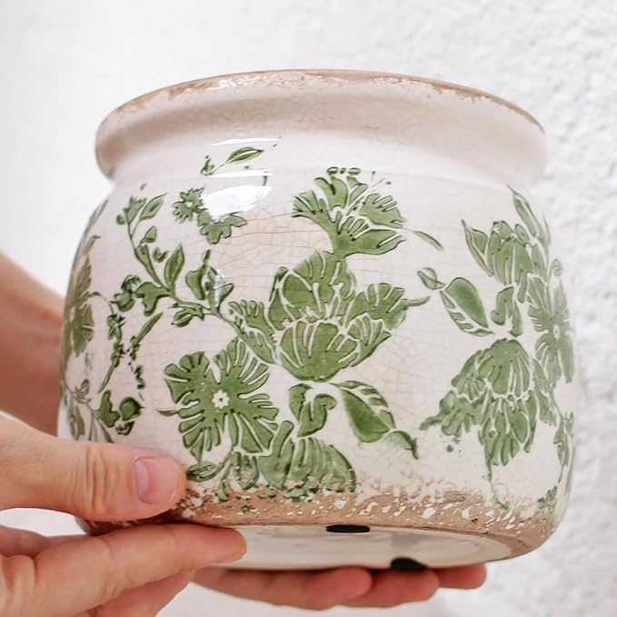 Tuscan Ceramic Indoor Plant Pot, Rustic Farmhouse Vase for Home Decor | 6.29'' Decoration Planter for Snake Plant, Pothos and Houseplant Pots, Vintage Office & Tabletop Decor, Gift for Mom (Green)