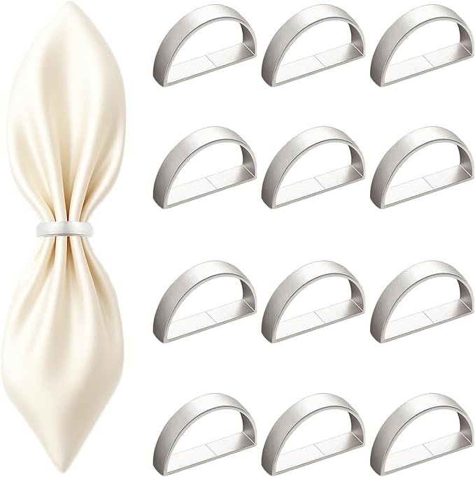 12 Pcs Stainless Steel Napkin Rings - Silver Napkin Holder(Semicircle) | Matt Gold Napkin Holder Buckles for Table Kitchen Dinner Party Wedding Christmas Party