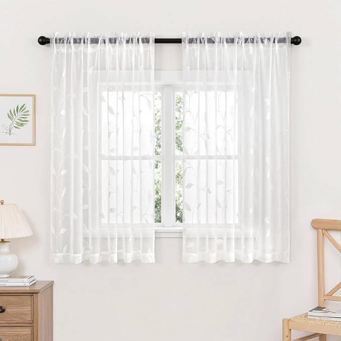 MIULEE White Sheer Curtains 2 Panels Embroidered Leaf Patterned, W52 x L54 | Embroidered Floral Semi Sheer,Rod Pocket,Faux Linen,Short Window Curtains Drapes Set for Kitchen/Bathroom/Cafe