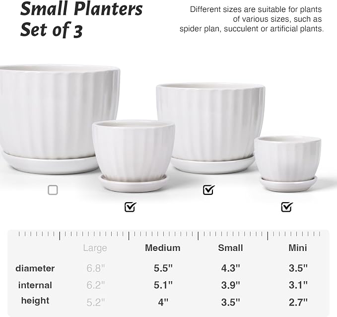 Ceramic Plant Pots with Saucers, Round White Flower Pots for Indoor Plant | Small Flower Planters with Drainage Holes, Diameter 3.3/4.3/5.5 Inches, Set of 3