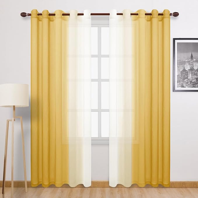 DWCN Ombre Sheer Curtains - 84 inches Faux Linen Semi Voile Gradient Light-Filtering Bedroom and Living Room Curtains, Set of 2 Grommet Top Window Drape Panels, 60 x 84 Inch Length, Mustard Yellow