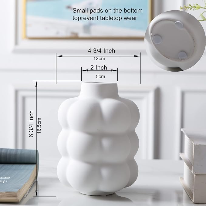 Mowtanco White Ceramic Vase, Modern Small Vase for Centerpiece 6.7" Tall | Boho tabletop decor accent vase for dried flowers, centerpiece for living room bedroom shelf, minimalist home decor gift