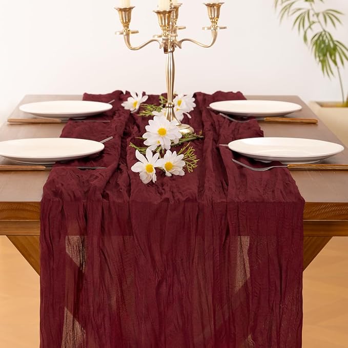 Cheesecloth Table Runner Fall Boho Wedding Birthday Party Home Decor | Burgundy 10pcs Rustic Gauze 10FT Cheese Cloth Sheer Farmhouse Dining Runner for Baby Shower Bridal Holiday Decorations