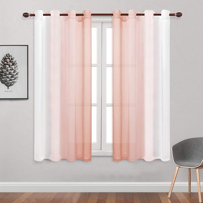 DWCN Ombre Sheer Curtains - Faux Linen Semi Voile Gradient Bedroom and Living Room Curtains, Set of 2 Grommet Top Window Drape Panels, 52 x 63 Inch Length, Blush