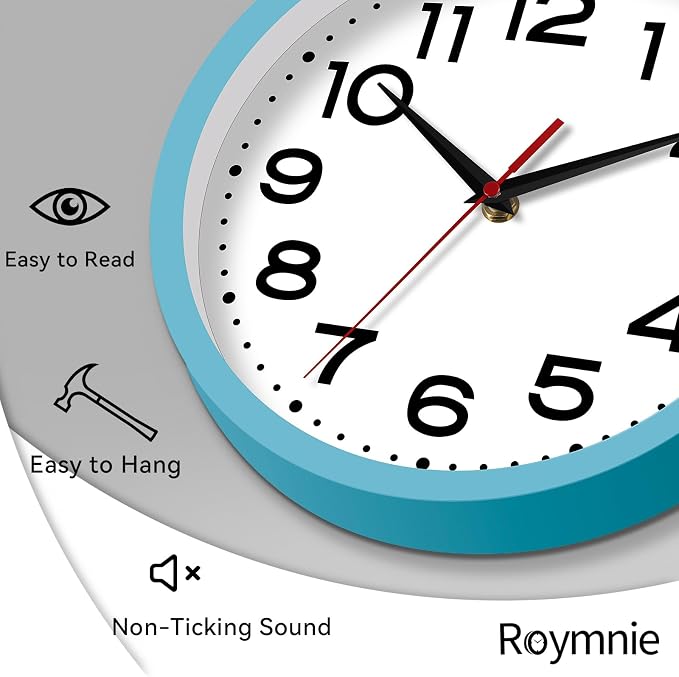 Roymnie 8 Inch Small Wall Clock, Battery Operated Silent Non Ticking Blue | analog wall clock; bold numerals for easy reading; silent non-ticking; 1 AA battery (not included); for classroom