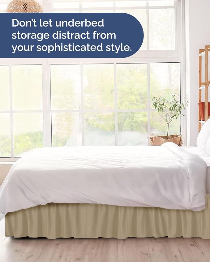 Wrap Around Dust Ruffle Bed Skirt, Queen Size Beds - 14 Inch Drop, Beige | Easy Fit Elastic Strap, Adjustable Pleated Bedskirt w/Brushed Fabric, Wrinkle & Fade Free, for Women, Men, Kids & Teens