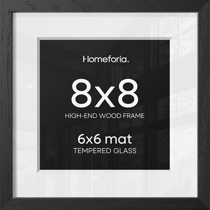 Homeforia 8x8 Black Oak Picture Frame, High-End Wood, 6x6 Mat, Glass