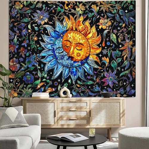 Accnicc Sun and Moon Tapestry Boho Hippie Floral Wall Tapestry for Bedroom Aesthetic Vintage Stained Glass Celestial Plant Small Tapestries Wall Hanging for Living Room Dorm 60 x 44 Inch