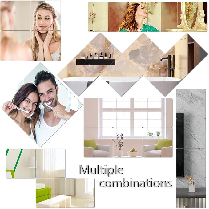 Acrylic Mirror Tiles, 8x8 in Shatterproof Wall Mirrors, 4 Pack | Flexible acrylic, adhesive foam tapes included, for bedroom doors, closets, gym, dorm, and DIY wall decor.