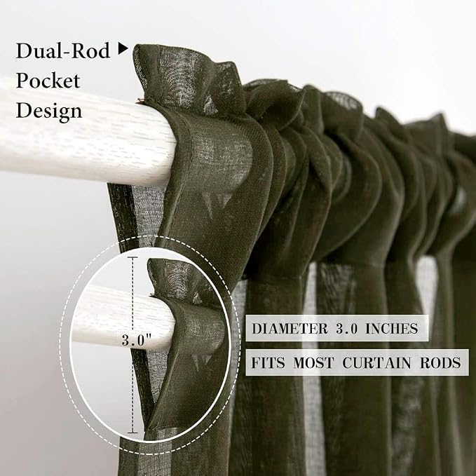 MIULEE Olive Green Linen Textured Semi-Sheer Curtains 42W×45L Kitchen | Semi Transparent, Farmhouse, Window Net Panels with Rod Pocket for Bedroom Living Room