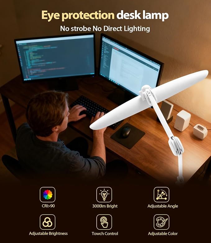 Led Desk Lamp with Clamp, Eye Caring Architect Desk Light for Home Office, Dual Screen Computer Monitor Gooseneck Adjustable Arm 20" LED Lamp, Stepless Dimming, for Nails &Salon, Reading, Workbench