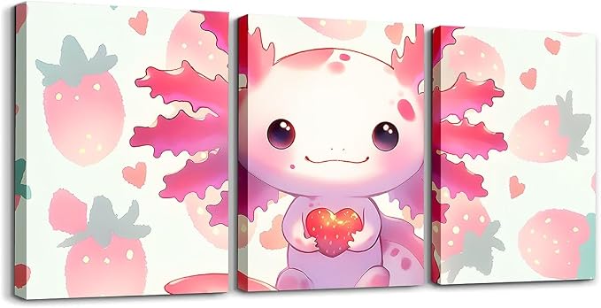 Feelyou Kids Cute Axolotl Wall Painting Posters Kawaii Animal Picture Wall Decor Strawberry Canvas Wall Art for Living Room Bedroom Boys Girls Princess Cute Fruit Bathroom Wall Art 12"x16"x 3Pcs