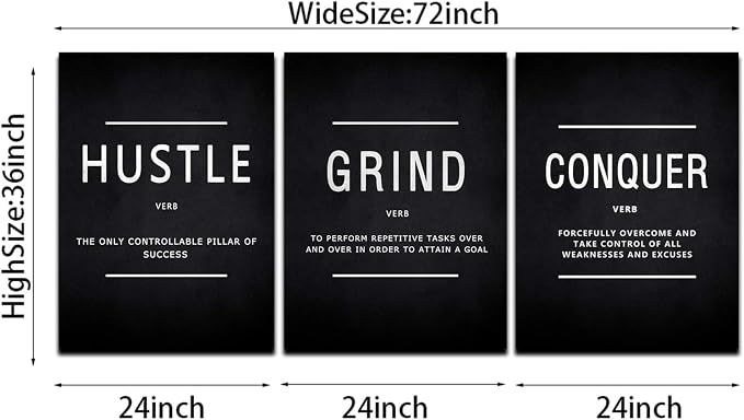 KAWAHONE Inspiration Canvas Wall Art Large, Grind Hustle Conquer Quotes Poster Framed Success Painting Picture Wall Sign for Home Office Workplace Wall Hanging- 24" Wx36 Hx3Piece