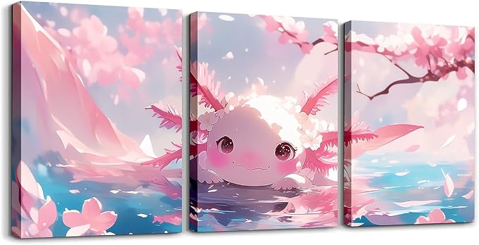 Feelyou Kids Cute Axolotl Wall Painting Posters and Prints Ocean Canvas Wall Art for Living Room Bedroom Kawaii Sealife Picture Wall Decor Boys Girls Cherry Blossoms Bathroom Wall Art 12"x16"x 3Pcs