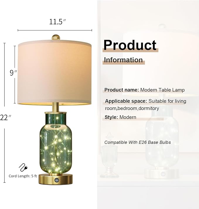 Oneach 22" Glass Table Lamps Set of 2 with Night Light for Bedroom, Green