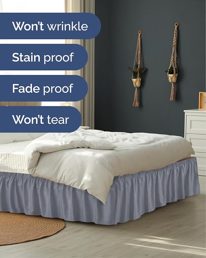 Wrap Around Dust Ruffle Bed Skirt - Steel Blue - for King Size Beds w/ 14 Inch Drop - Easy Fit Elastic Strap - Adjustable Pleated Bedskirt w/Brushed Fabric - Wrinkle Free - Women, Men, Kids & Teens