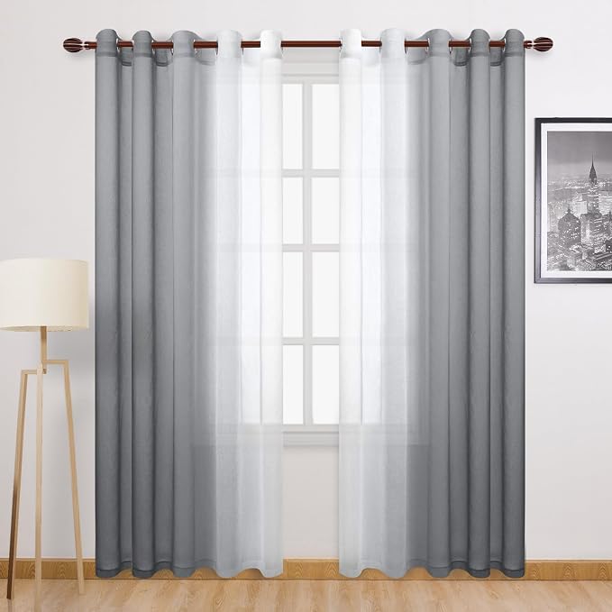DWCN Grey Ombre Faux Linen Short Sheer Curtains - Extra Wide Gradient Semi Voile Light Filtering Grommet Top Bedroom and Living Room Curtains, 60 x 84 Inches Long, Set of 2 Window Curtain Panels