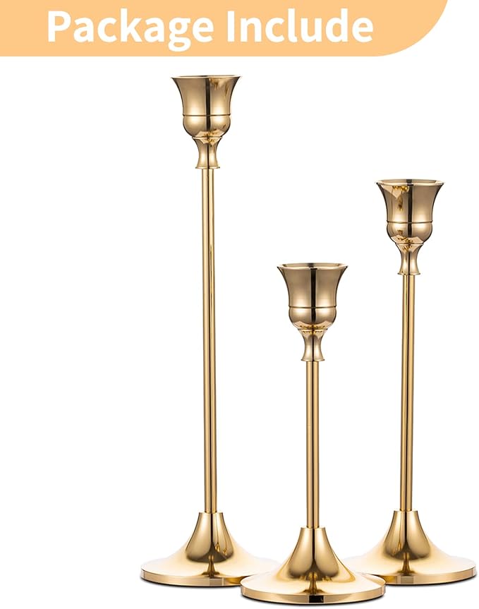 Candlestick Holders Taper Candle Holders, Set of 3 Candle Stick Holders Set, Brass Gold Candlestick Holder Set, Vintage Modern Decorative Centerpiece for Table Mantel Wedding Housewarming Gift | Set of 3 Solid Brass Candle Stick Taper Holder Chic Cente...