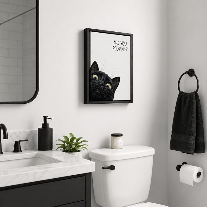 Framed Funny Bathroom Wall Art, Black Cat Are You Pooping Canvas Print, Minimalist Black and White Humor Bathroom Animal Decor for Restroom Toilet 12x16in