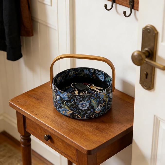 Ceramic Key Bowl with Wooden Handle Decorative Bowl Flower Basket Kitchen & Dining Table Office Room Decor(Black)