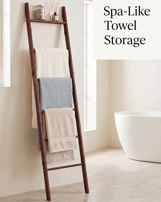 6 Tier Blanket Ladder with Shelf, Wooden Blanket Rack for Living Room, Leaning Towel Ladder Rack for Bedroom, Bathroom, Quilts, Throws, Towels and Farmhouse Décor