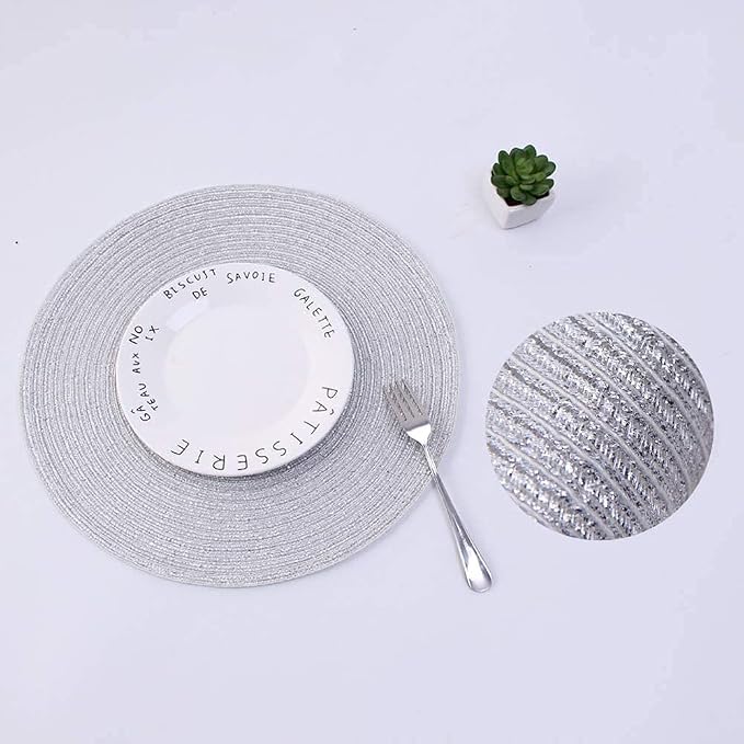 SHACOS Glitter Silver Placemats Set of 8 Sparkle Bling 15 inch Round Braided Table Mats Washable Place Mats for Dining Table Home Christmas Holiday Decor (Silver, 8)