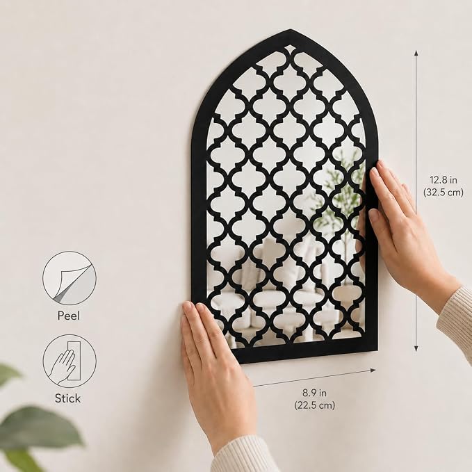 2 Pcs Moroccan Window Mirror Wall Decor, 12.8 x 8.9 Inch Self Adhesive Arched Mirror Wall Stickers for Living Room Bedroom Bathroom Hallway Entryway Bohemian and Mediterranean Style