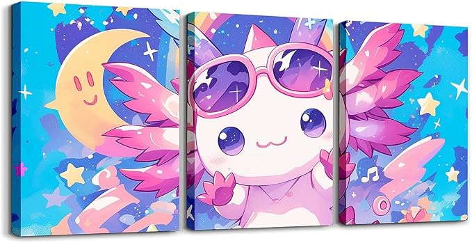Feelyou Boys Girls Axolotl Wall Painting Posters and Prints Cute Axolotl Picture Wall Decor Salamander Canvas Wall Art for Bedroom Kids Ocean Animal Teens Wall Art Room Decor 12"x16"x 3Pcs