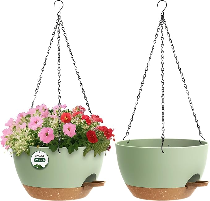 2 Pack 12 Hanging Flower Pots with Chains Self Watering Plastic Planters for Indoor Outdoor Plants, Sturdy Triangular Iron Chain Design for Garden PorchPlastic hanging flower pots (2, Green Brown)