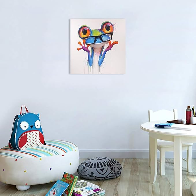 Ypxzzj Colorfull Frog Canvas Wall Art for Bedroom Nursery Kids Room,Cute Animal Frog with Glasses Paintings Pictures for Home Decor,Modern Artworks for Living Room Framed Ready to Hang