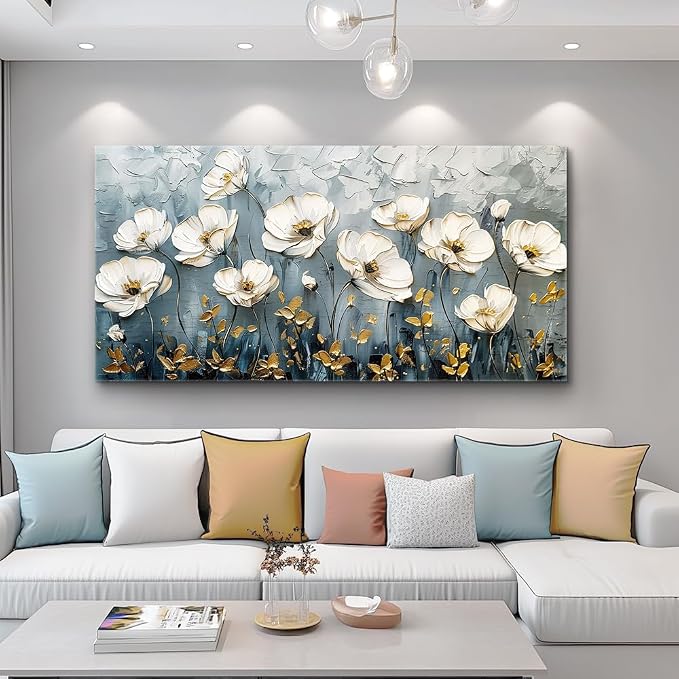 QIYILEXWART Large Wall Decor For Living Room Canvas Wall Art For Office Modern Wall Decorations For Bedroom Textured White Flower Landscape Painting Farmhouse Pictures Artwork Room Home Decor 24x48