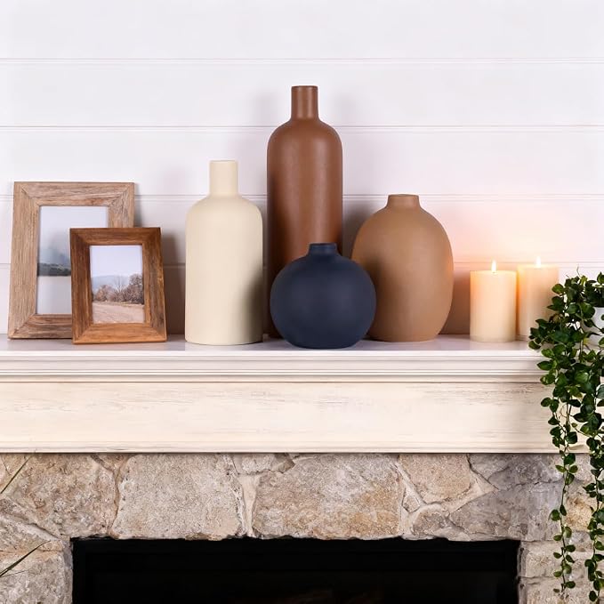 Ceramic Vase Set of 4, Neutral Flower Vase Home Decor, Rustic Modern Farmhouse Decor Pottery Vases for Bedroom,Living Room,Bookshelf Decoration, Centerpiece Table Decor,Boho Decor