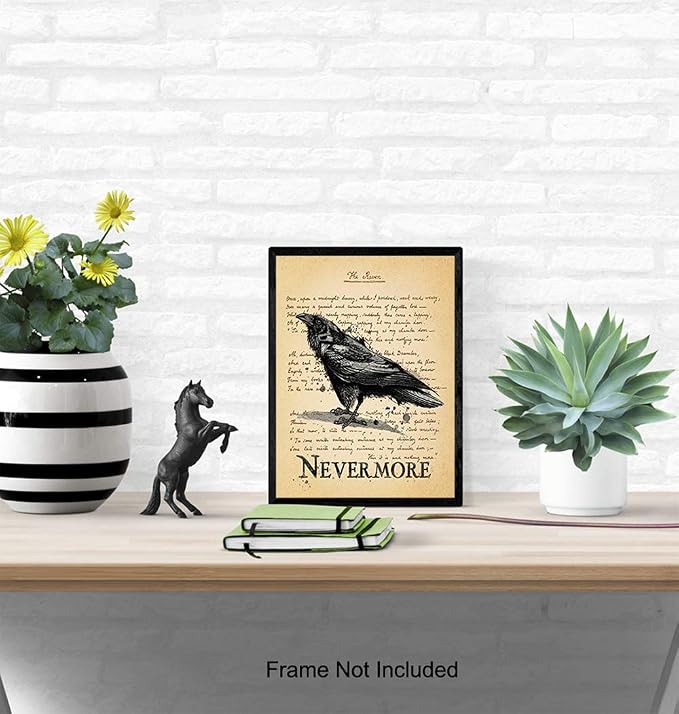 The Raven - Nevermore - Edgar Allan Poe Gifts - Goth Room Decor - Gothic Home Decor - Creepy Poetry Poem Wall Art - Vintage Rustic Decoration - 8x10 Retro Poster Print