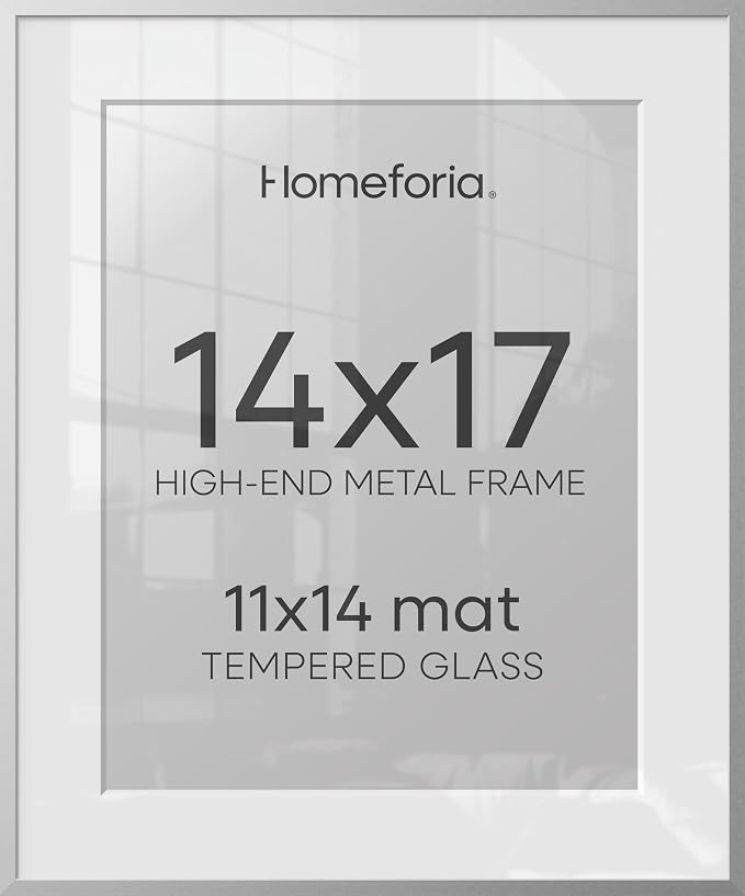 Homeforia 14x17 Silver Picture Frame, High-End Metal, 11x14 Mat, Glass