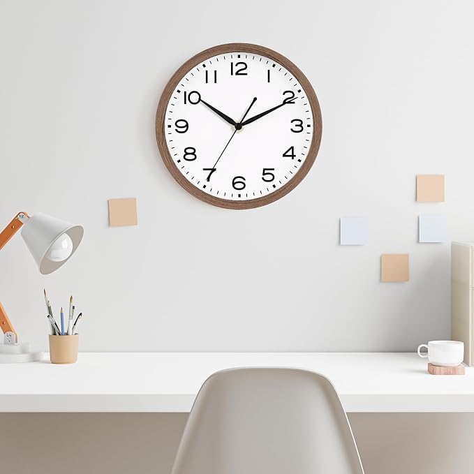 AKCISOT 10 Inch Wall Clock, Silent Battery Operated Analog Clock, Walnut | Classroom | Kitchen | Office | Easy to Read Numbers | Garage