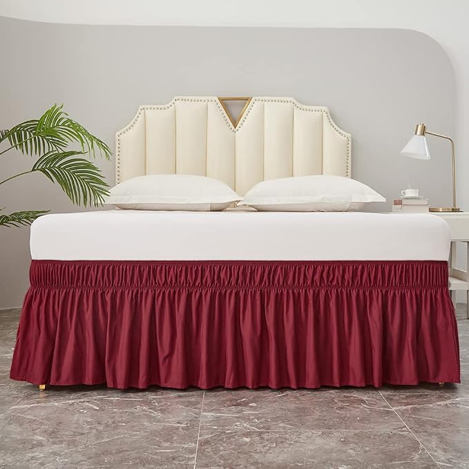 MEILA Wrap Around Elastic Bed Skirt for Queen & King Beds, 24" Drop,Burgundy