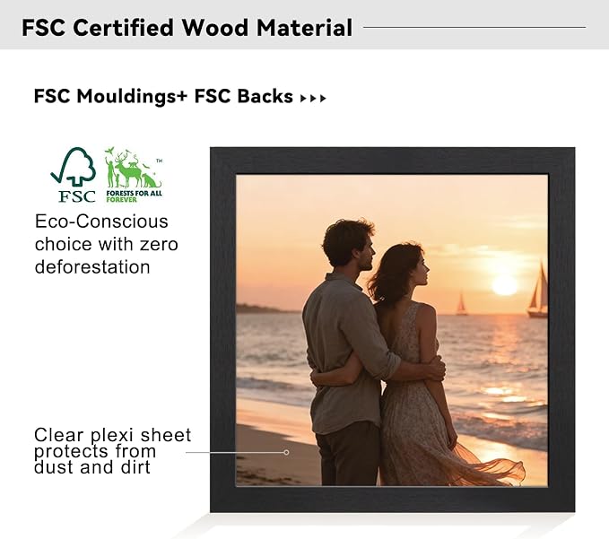 12x12 Picture Frame Black,10x10 Mat,Tempering Glass,Engineered Wood