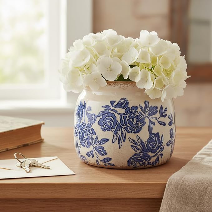 Chinoiserie Ceramic Plant Pot for Garden Decor, 6.3in Rustic Farmhouse Planter with Drainage Hole for House Plants, Blue and White Vase for Centerpiece, Kitchen & Office Decoration, Plant Lover Gifts