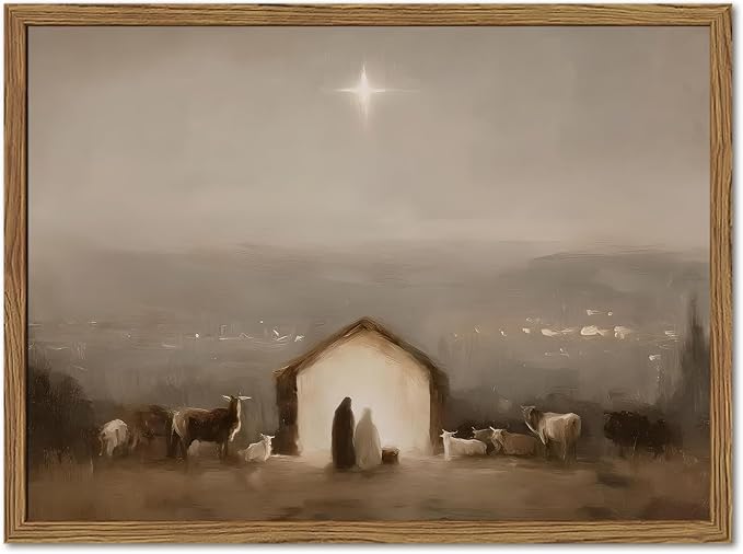 Vintage Nativity Scene Wall Art, Jesus Birth Wall Decor Paintings Christian Bethlehem Star Religious Poster Canvas Prints Picture for Bedroom Living Prayer Room 16x24 inch Wood Framed