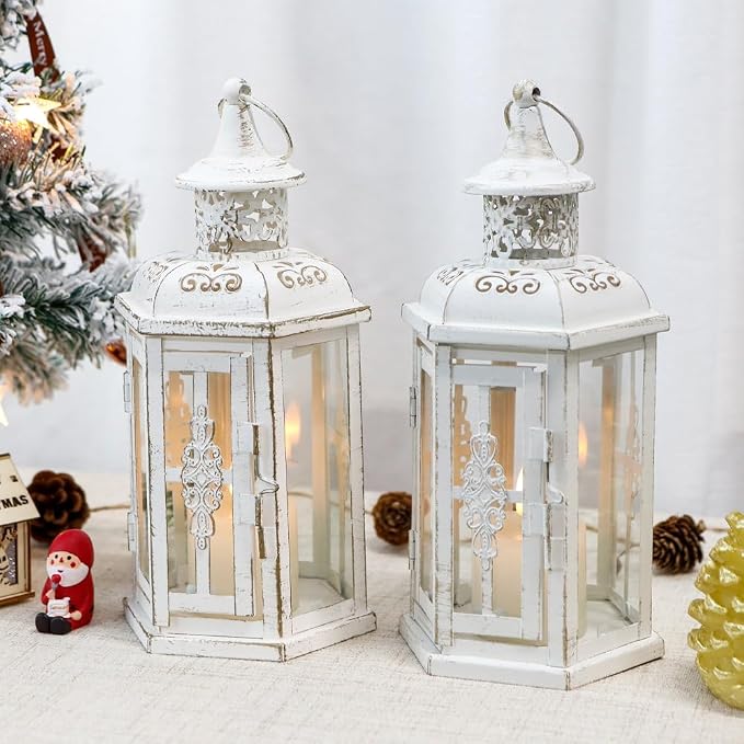JHY DESIGN Set of 2 Rustic Decorative Lanterns 10" H Vintage Hanging Lantern Metal Candleholder for Indoor Outdoor, Events, Parities, Patio and Wedding(White with Gold Brush)