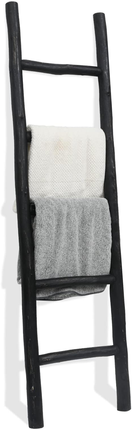 FUIN Blanket Ladder, 57in Rustic Wood Decor Rack, Fully Assembled, Black | Farmhouse living room accent, Layered blanket towel quilt display, Visible wood grain, Bathroom and Bedroom use
