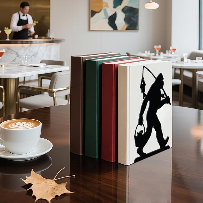 WADORN Bigfoot Fishing Metal Decorative Bookend for Shelves 1 Pair, Heavy Duty Book Ends Unique Non-Skid Books Holder Stand Black Book Support Stoppers for Desk Bookshelf Office Home, 5.3x4.3x7.9 Inch