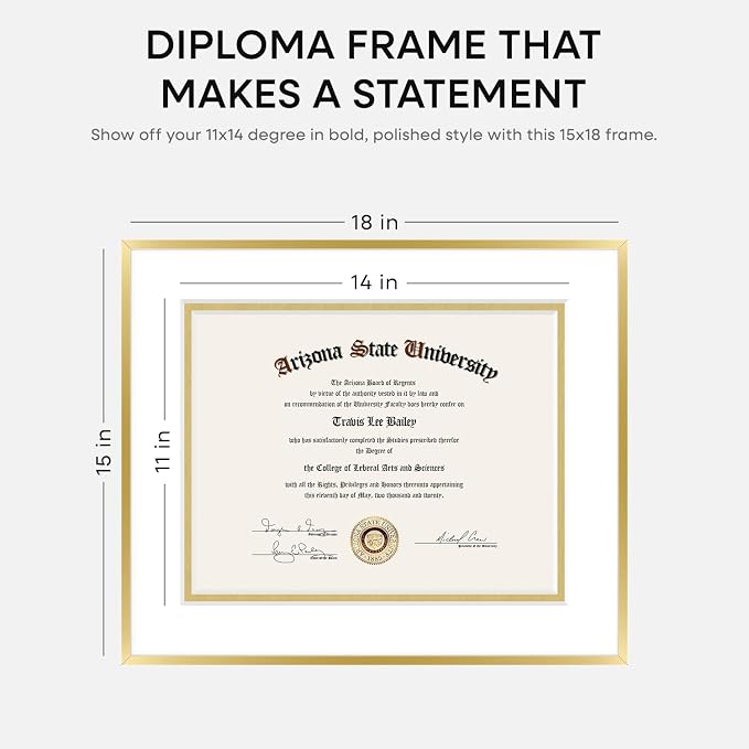 Homeforia 15x18 Gold Diploma Frame, High-End Metal, 11x14 Mat, Glass
