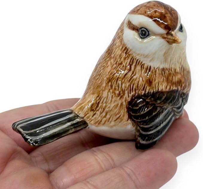 WitnyStore Tiny 2¾" Brown Sitting Look Right Eurasian Sparrow Bird Figurine - Miniature Hand Made Ceramic Birds Aves Colorful Porcelain Feathered Animals Cute Decorative Collectible Figure Décor Gifts