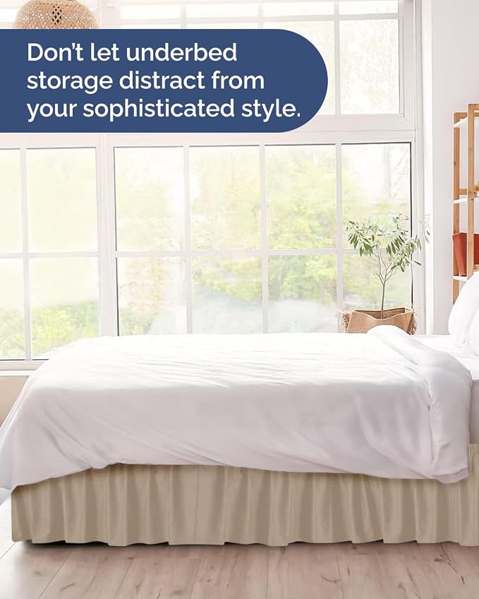 Wrap Around Dust Ruffle Bed Skirt, King Size Beds - 12 Inch Drop, Cream | Easy Fit Elastic Strap, Adjustable Pleated Bedskirt w/Brushed Fabric, Wrinkle & Fade Free, for Women, Men, Kids & Teens