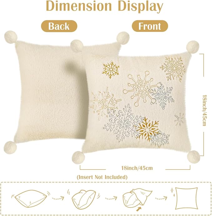 Lewondr Christmas Throw Pillow Cover, 18x18 Inch, Set of 2, Oatmeal | Faux Fur, Cozy Soft, Plush Ball with Luxury Sequins Embroidered Snowflakes, For Bed Home Decor Living Room