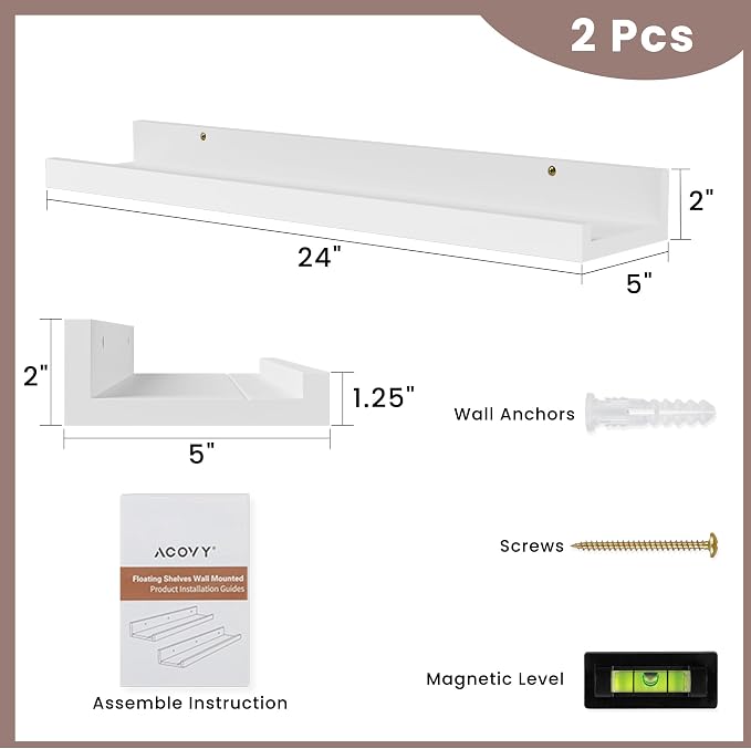Acovy Floating Shelves for Wall, 24 inch Solid Wood Picture Ledge Shelf, Picture Shelf for Wall with Ledge, Floating Book Shelves for Living Room Bedroom Kitchen Nursery Decor, White, Set of 2